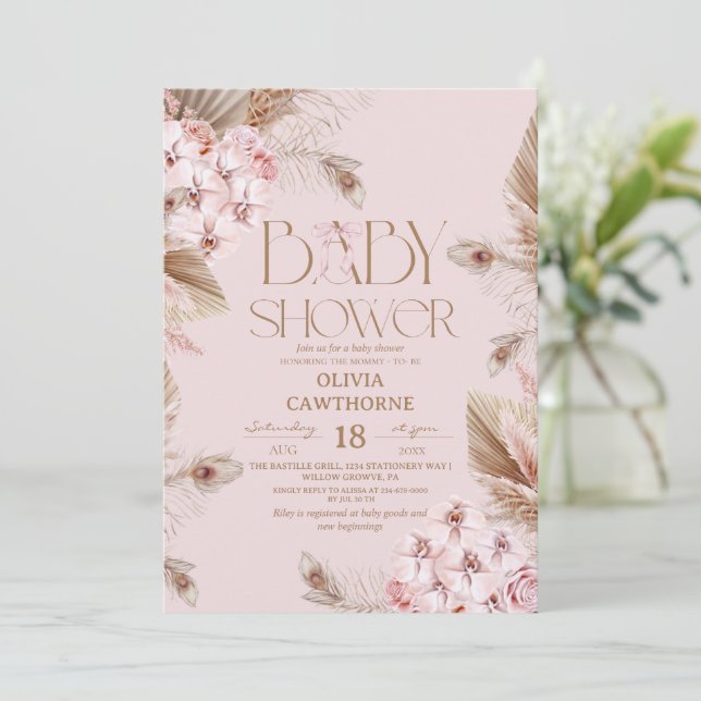Pampas Grass  and Blush Pink Orchid Baby Shower  Einladung (Stehend Vorderseite)