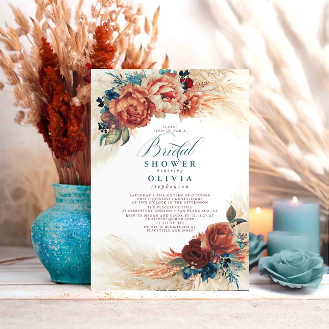 Pampas Grass Aquamarin Blue Terracotta Brautparty Einladung (Teal and Terracotta Bridal Shower Invitations)