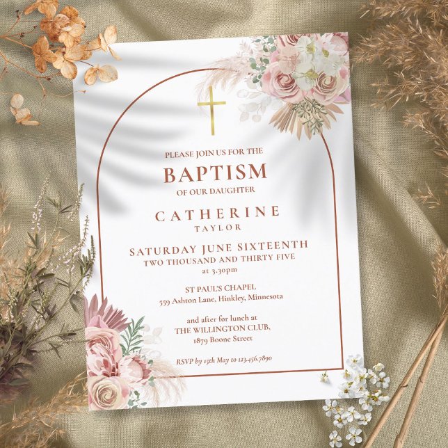 Pampas Grass Arch Taufe Einladung zur Feier (Pampas Grass Arch Baptism Christening Invitation)