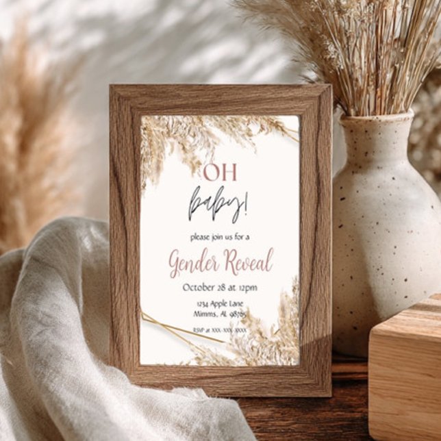 Pampas Grass Baby Dusche Einladung | Neutral Boho (Elegant Boho Gender Reveal Invitation. Features soft pampas grass and gold accents. Shop now!)