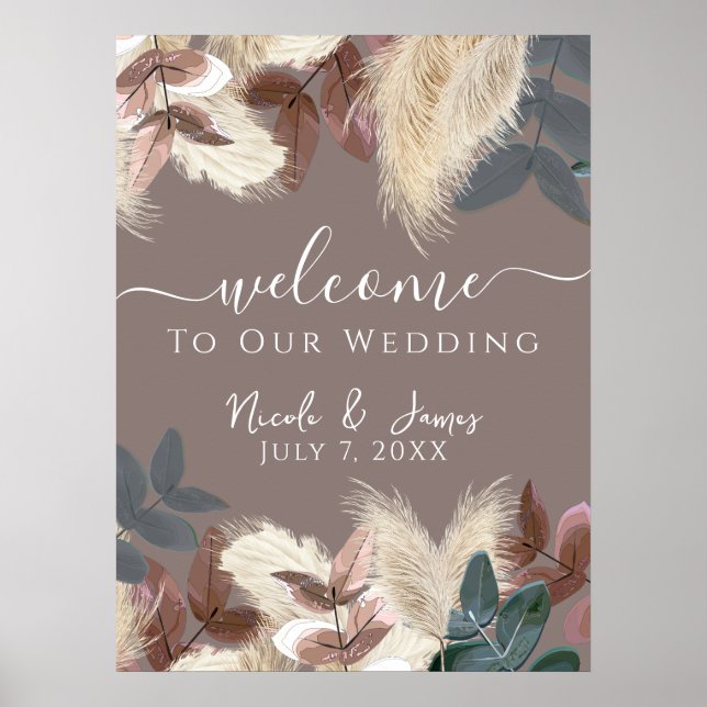 Pampas Grass & Blätter Bohemische Hochzeit Poster (Vorne)