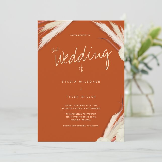 Pampas Grass Blätter Burnt Orange Wedding Einladung (Stehend Vorderseite)