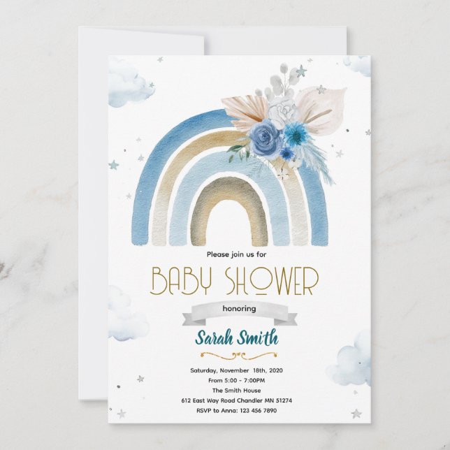 Pampas Grass blue boho rainbow invitation Einladung (Vorderseite)