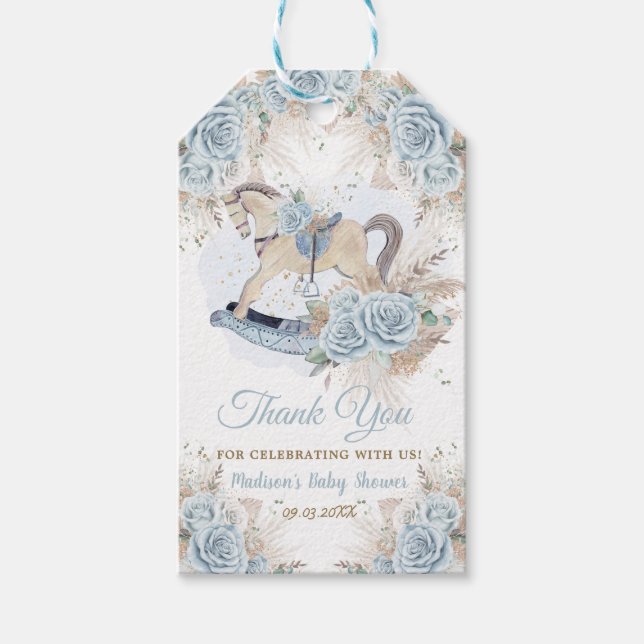 Pampas Grass Blue Floral Rocking Horse Baby Dusche Geschenkanhänger (Vorderseite)