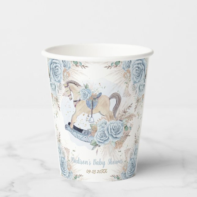 Pampas Grass Blue Floral Rocking Horse Baby Dusche Pappbecher (Vorderseite)