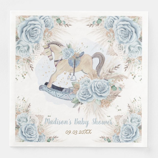 Pampas Grass Blue Floral Rocking Horse Baby Dusche Serviette (Vorderseite)