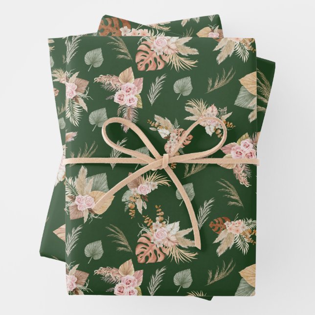 Pampas Grass & Blume auf Dunkelgrün Geschenkpapier Set (Beispiel)