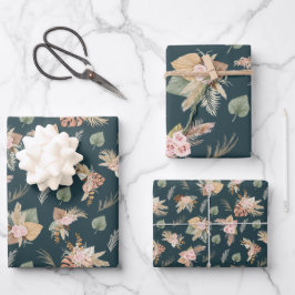 Pampas Grass & Blume auf dunklem Aquamarin Geschenkpapier Set