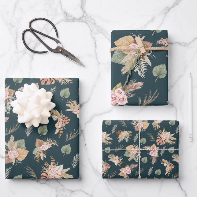 Pampas Grass & Blume auf dunklem Aquamarin Geschenkpapier Set (Vorderseite)