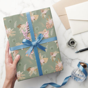 Pampas Grass & Blume auf Olivenölen Grün Geschenkpapier