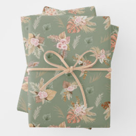 Pampas Grass & Blume auf Olivenölen Grün Geschenkpapier Set