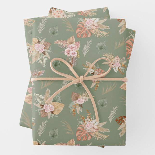 Pampas Grass & Blume auf Olivenölen Grün Geschenkpapier Set (Beispiel)