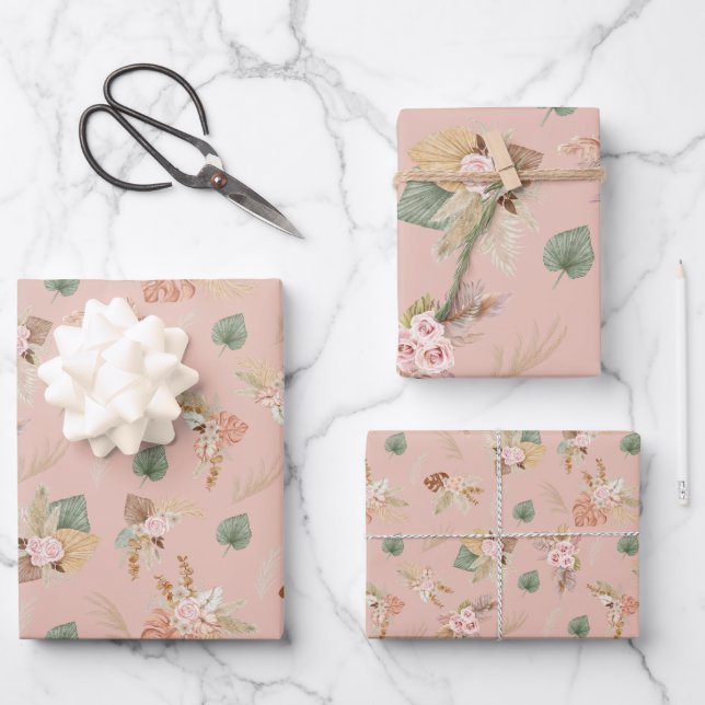 Pampas Grass & Blume auf Tee Rose Rosa Geschenkpapier Set (Vorderseite)