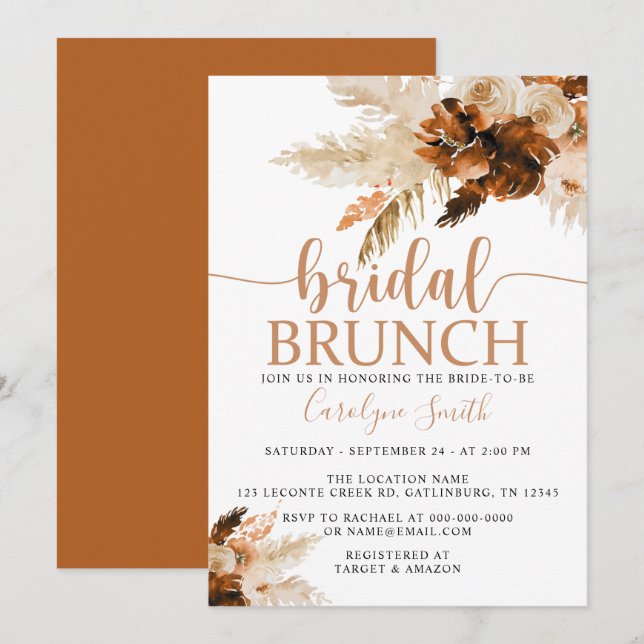 Pampas Grass Bohemisch Boho Bridal Brunch Einladung (Vorne/Hinten)