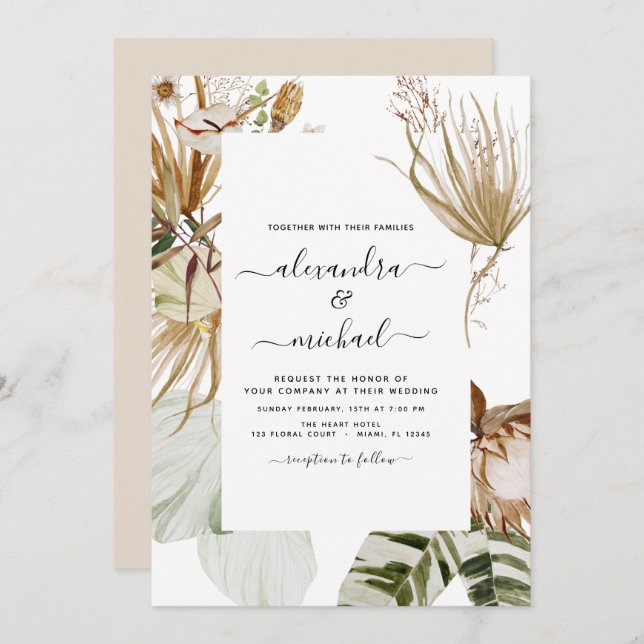 Pampas Grass Bohemisch Boho Tropical Wedding Invit Einladung (Vorne/Hinten)