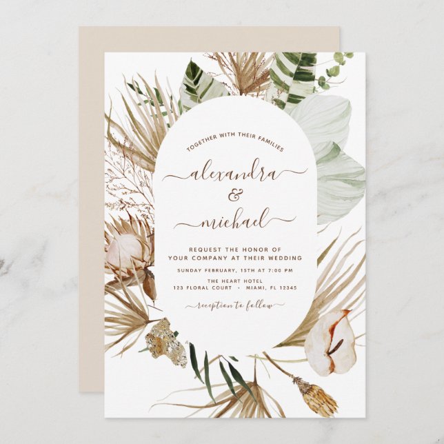 Pampas Grass Bohemisch Boho Tropical Wedding Invit Einladung (Vorne/Hinten)