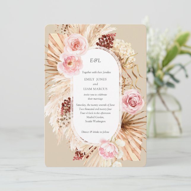 Pampas Grass Boho Aquarell Beige Hochzeit Einladung (Stehend Vorderseite)
