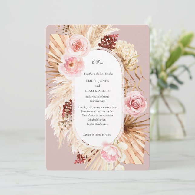 Pampas Grass Boho Aquarell Rose Hochzeit Einladung (Stehend Vorderseite)