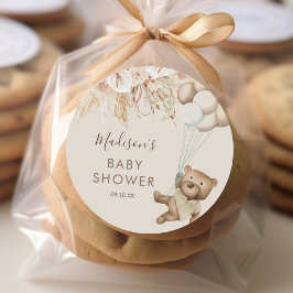 Pampas Grass Boho Bear Baby Shower Classic Round S Runder Aufkleber