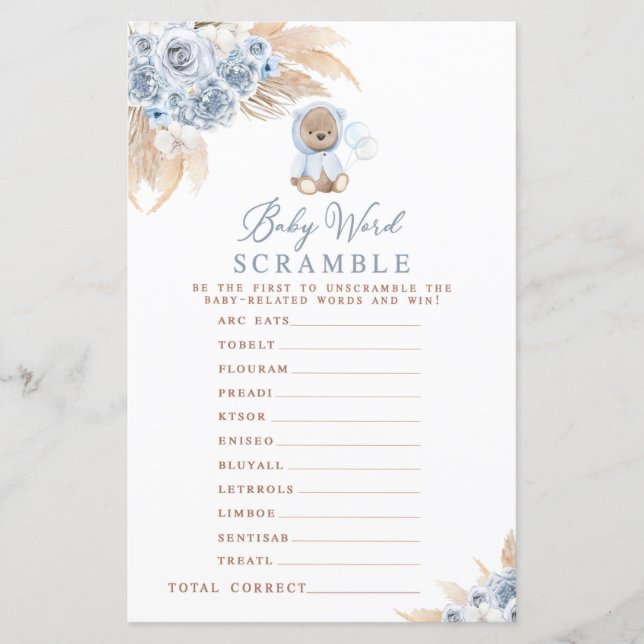 Pampas Grass Boho Bear Baby Word Scramble Game (Vorderseite)