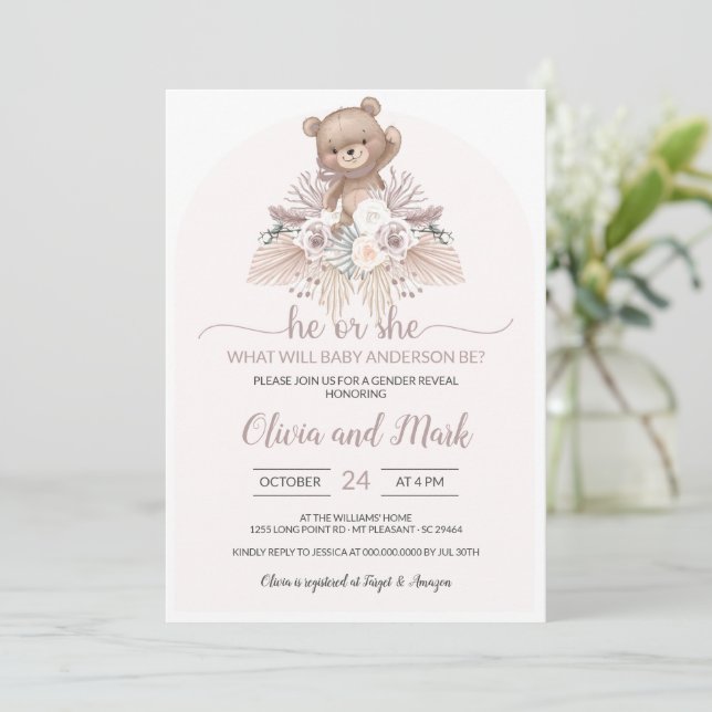 Pampas Grass Boho Bear He or She Gender Reveal Einladung (Stehend Vorderseite)