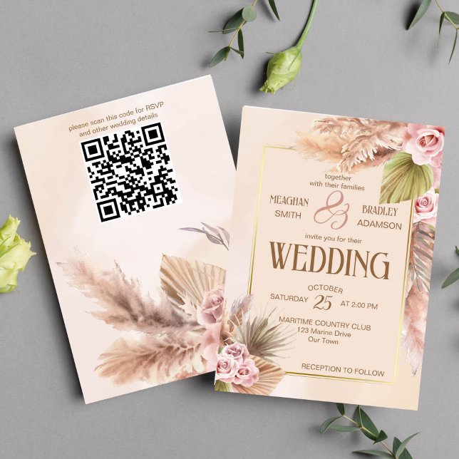 Pampas grass boho Blume Hochzeit im Herbst Einladung (Boho pampas grass cream roses beige wedding template invitation instant download )