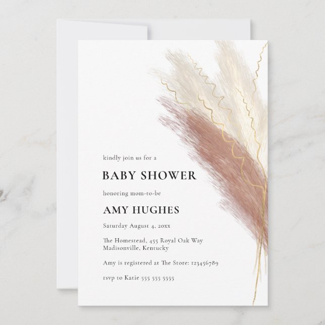 Pampas Grass Boho Blush Pink Gold Baby Dusche Einladung (Vorderseite)