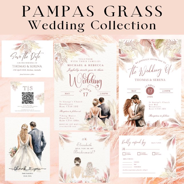 Pampas Grass Boho Blush Pink QR Code Umschließung Mitteilungskarte (Von Creator hochgeladen)