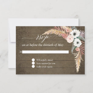 Pampas Grass Boho Blush White Floral Wood UAWG RSVP Karte