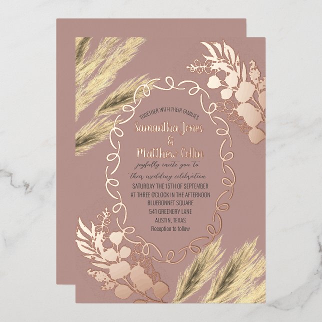Pampas Grass Boho Dusty Rose Folieneinladung (Vorderseite/Rückseite)