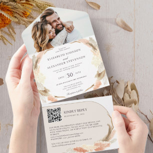 Pampas grass boho Foto QR Code Hochzeit All In One Einladung