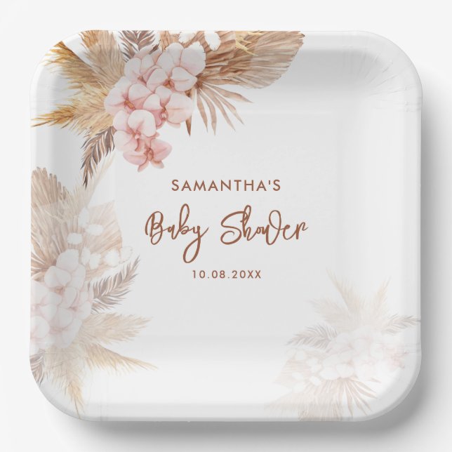 Pampas Grass Boho Girl Babydusche Pappteller (Vorderseite)