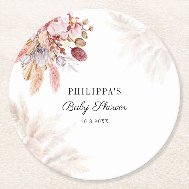 Pampas Grass Boho Girl Babydusche Runder Pappuntersetzer (Vorderseite)