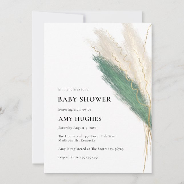 Pampas Grass Boho Green Gold Baby Dusche Einladung (Vorderseite)