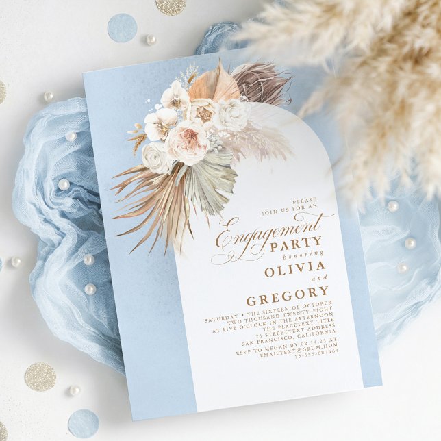 Pampas Grass Boho, Partei für Weißes Blume Einladung (Dusty Blue Chic Elegant Exotic Boho Engagement Party Invitations)