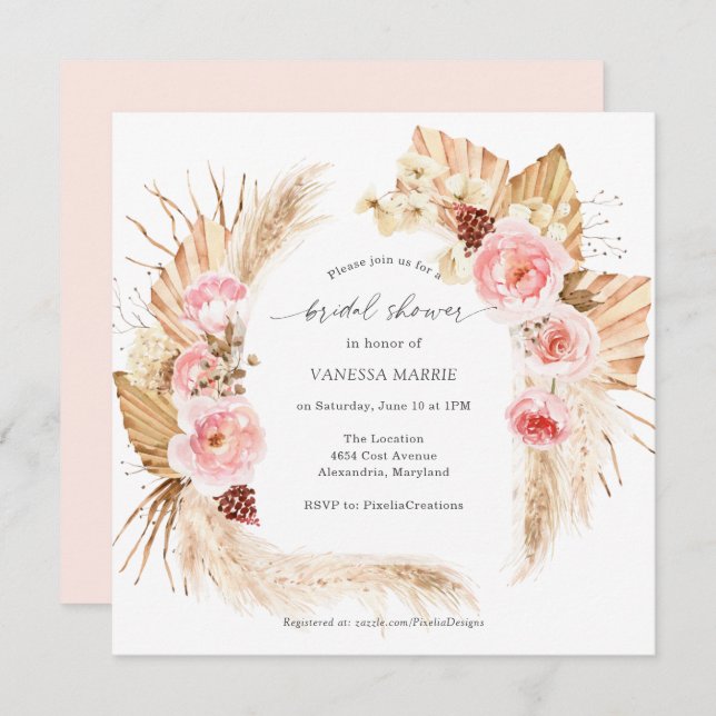 Pampas Grass Boho Pink Brautparty Einladung (Vorne/Hinten)
