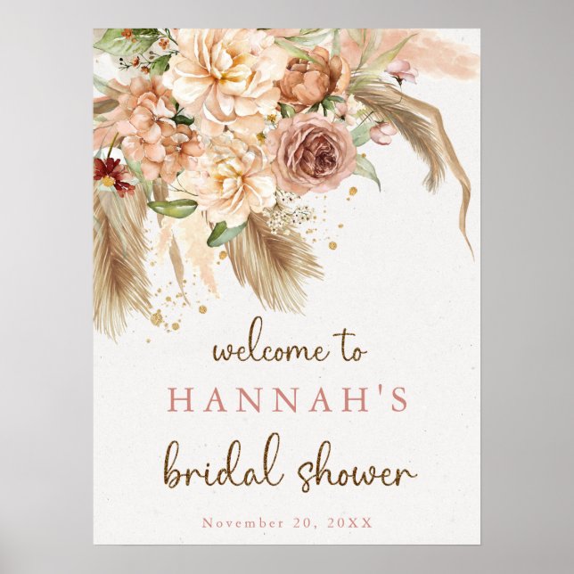 Pampas grass boho Rose Brautparty Begrüßungszeiche Poster (Vorne)