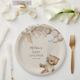 Pampas Grass Boho Teddy Bear Baby Shower Paper Pla Pappteller