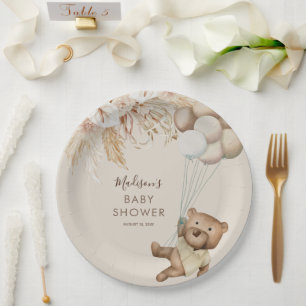 Pampas Grass Boho Teddy Bear Baby Shower Paper Pla Pappteller
