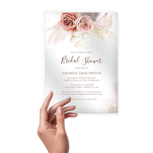 Pampas Grass Boho Terracotta Brautparty Acryleinladungen (Pampas Grass Terracotta Script Acrylic Bridal Shower Invitation)