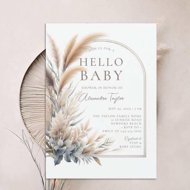 Pampas Grass Botanical Boho Neutral Baby Dusche Einladung (pampas grass hello baby shower invitation gender neutral watercolor greenery botanical foliage boho )