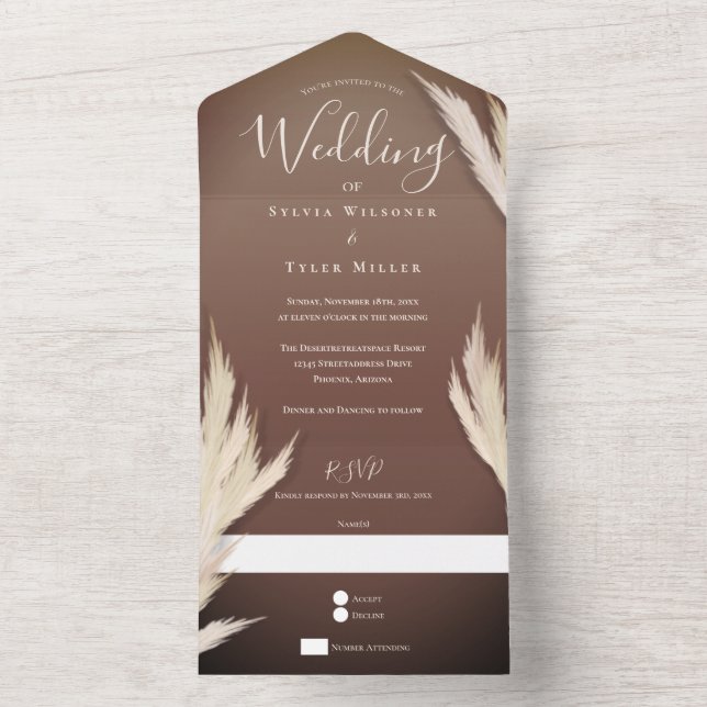 Pampas Grass Brown Wedding All In One Einladung (Innen)