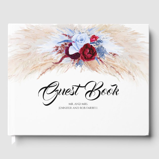 Pampas Grass Burgundy Red and Dusty Blue Wedding Gästebuch (Vorderseite)