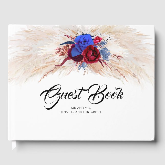 Pampas Grass Burgundy Red and Navy Blue Wedding Gästebuch (Vorderseite)