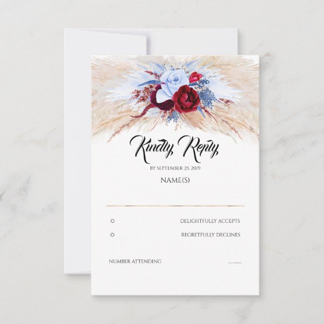 Pampas Grass Burgundy Red Dusty Blue Wedding RSVP (Vorderseite)