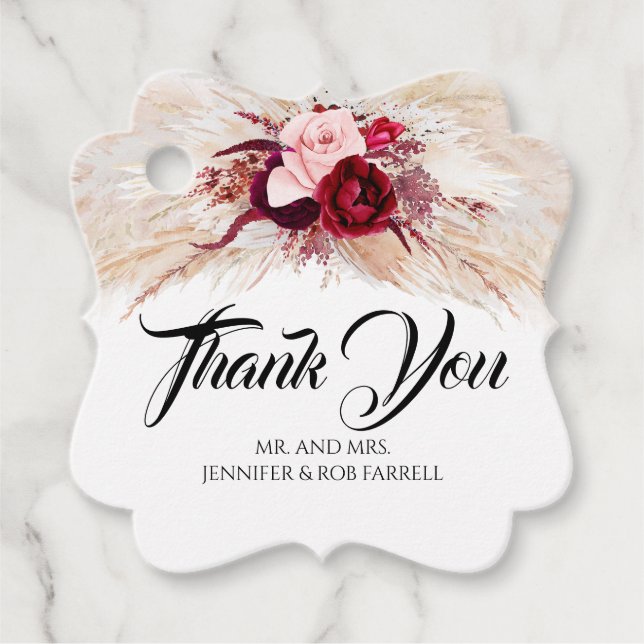 Pampas Grass Burgundy Red Floral Moderne Hochzeit Geschenkanhänger (Vorderseite)