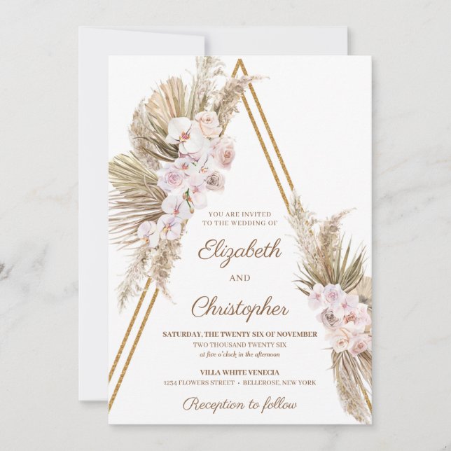 Pampas Grass Driving Palm Dusty Rose Orchid Weddin Einladung (Vorderseite)