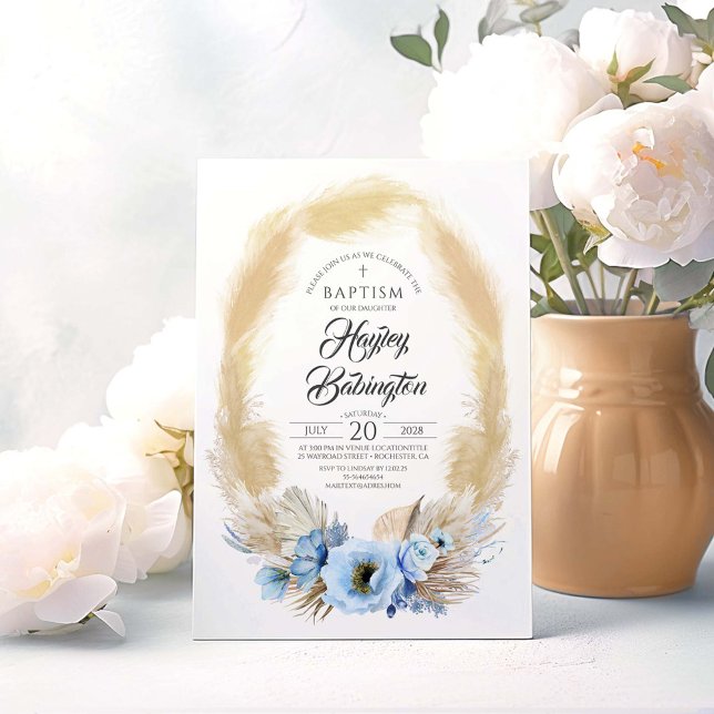 Pampas Grass Dusty Blue Flowers Taufe Einladung (Dusty Blue Baptism Invitations)