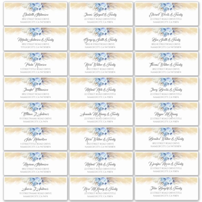 Pampas Grass Dusty Blue Guest Names Address Labels (Vorderseite)