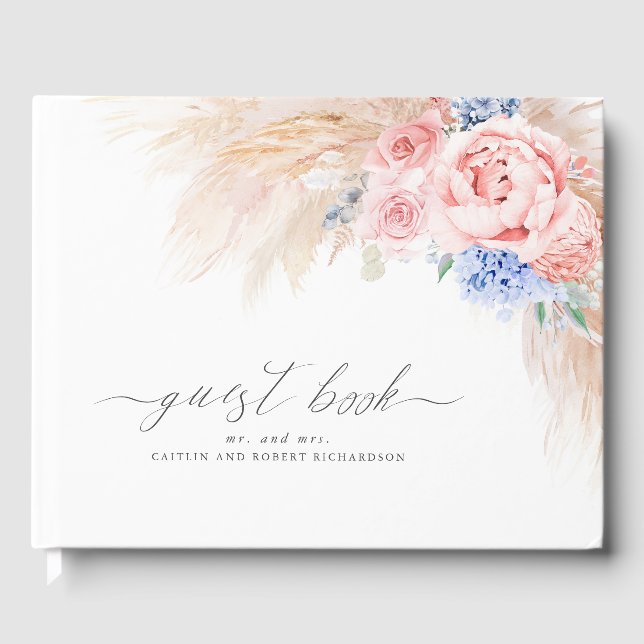 Pampas Grass Dusty Blue Pink Wedding Guest Book Gästebuch (Vorderseite)